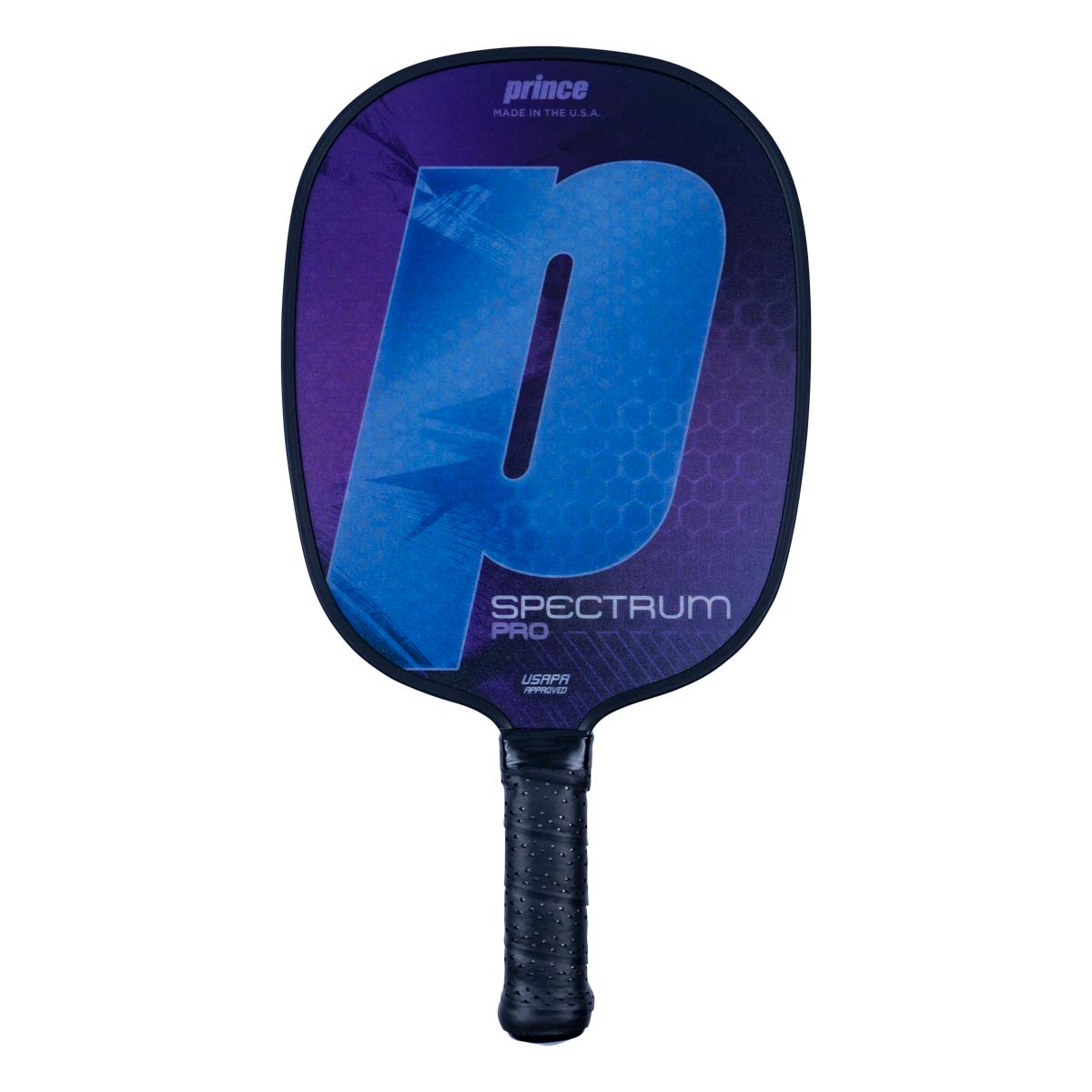 Front view of a purple and blue pickleball paddle with a large P graphic, Spectrum Pro text, and a textured grip.