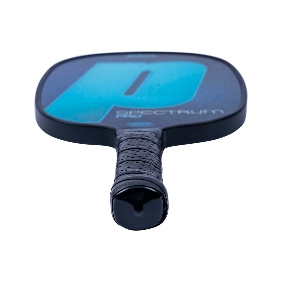 Top-down view of a black pickleball paddle with a blue P logo and SPECTRUM PRO text.