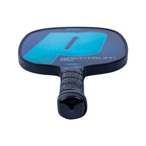 Top-down view of a black pickleball paddle with a blue P logo and SPECTRUM PRO text.