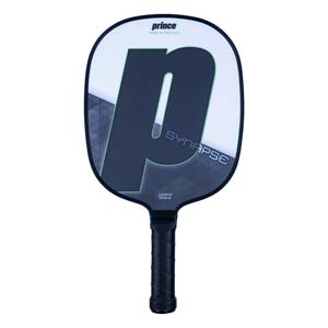 Front view of a white and black pickleball paddle with a large P logo, SYNAPSE text, and a black grip.