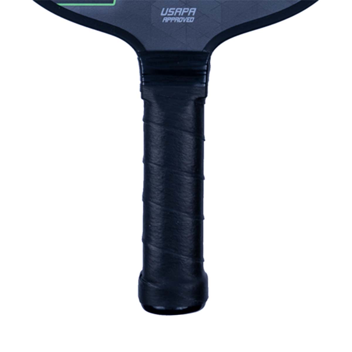 Close-up of a black pickleball paddle grip with USAPA APPROVED text on the paddle head.