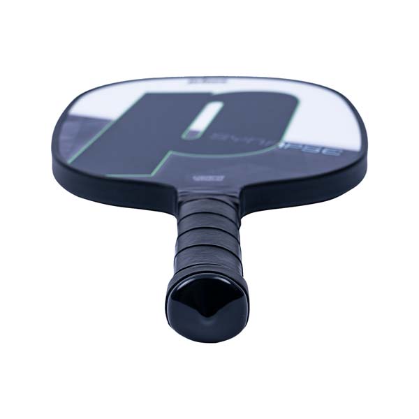 Top-down view of a black pickleball paddle with a large white P logo and SYNAPSE text.