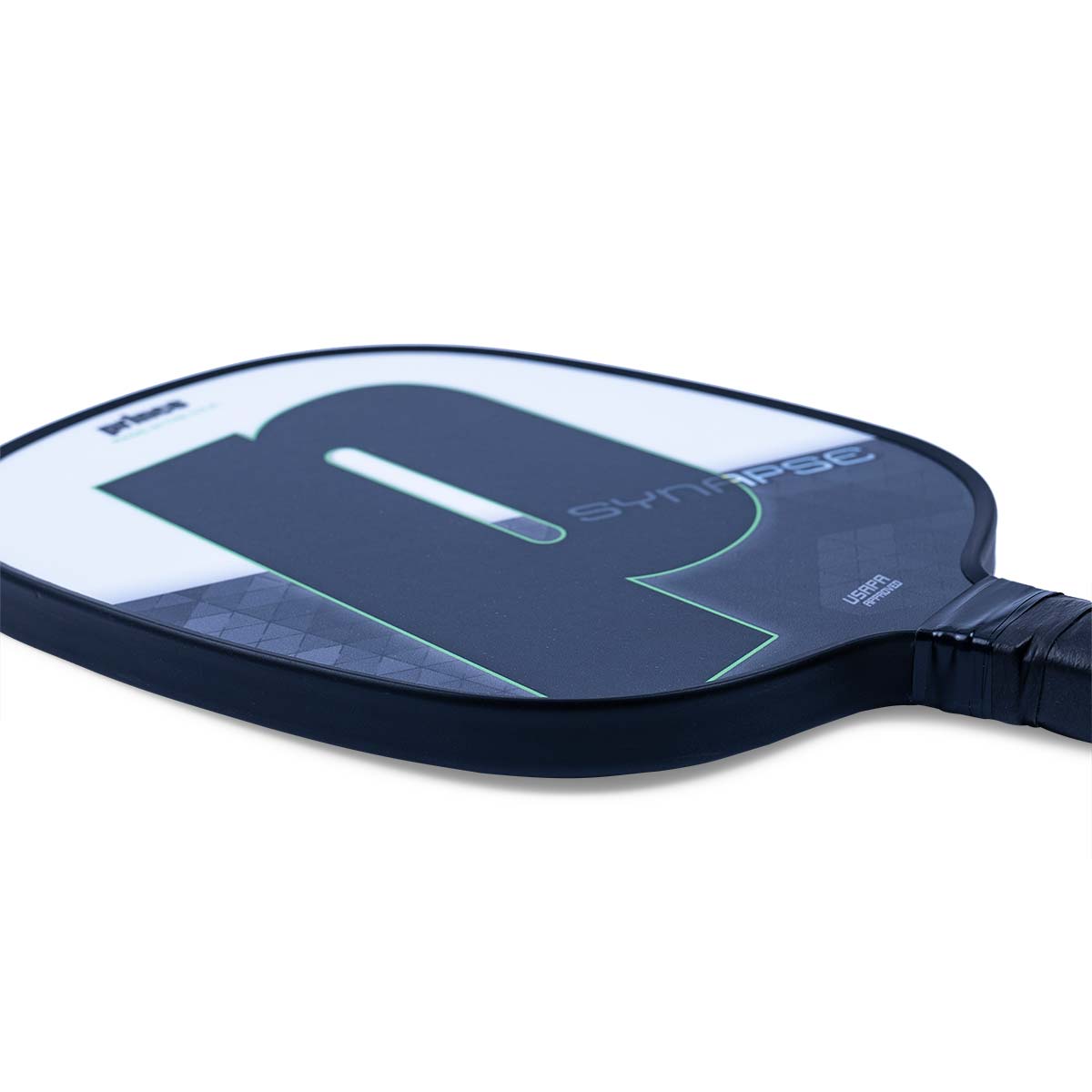 Side view of a black pickleball paddle with a large white P logo and SYNAPSE text.
