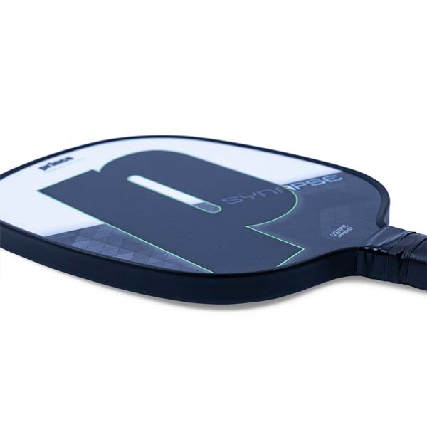 Side view of a black pickleball paddle with a large white P logo and SYNAPSE text.