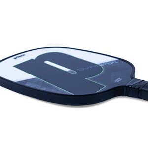 Side view of a black pickleball paddle with a large white P logo and SYNAPSE text.