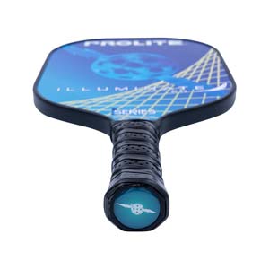 Top-down view of a blue pickleball paddle with PROLITE ILLUMINATE 2.0 I SERIES text and a black grip.