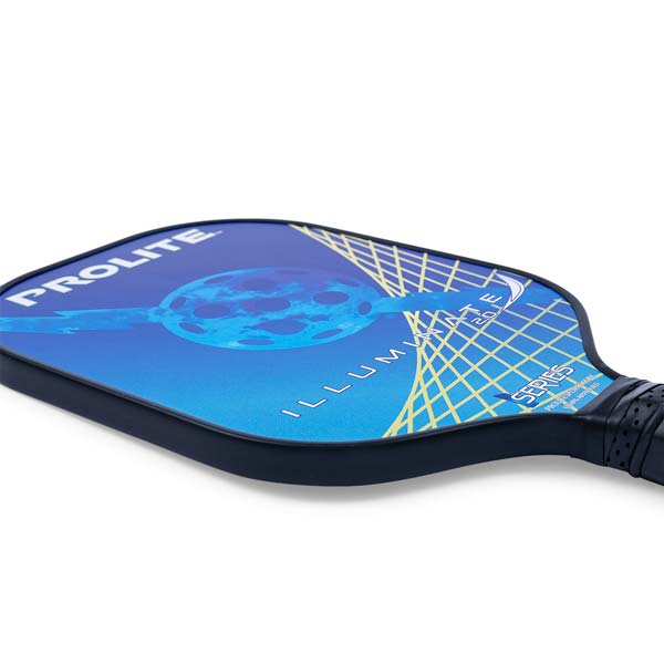Side view of a blue pickleball paddle with PROLITE ILLUMINATE 2.0 text and a grid design.