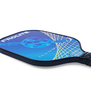Side view of a blue pickleball paddle with PROLITE ILLUMINATE 2.0 text and a grid design.