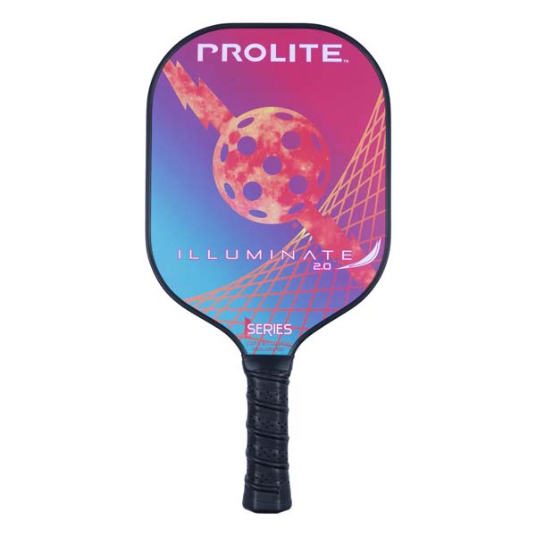 Front view of a PROLITE Illuminate 2.0 pickleball paddle with a graphic of a pickleball and lightning bolt.