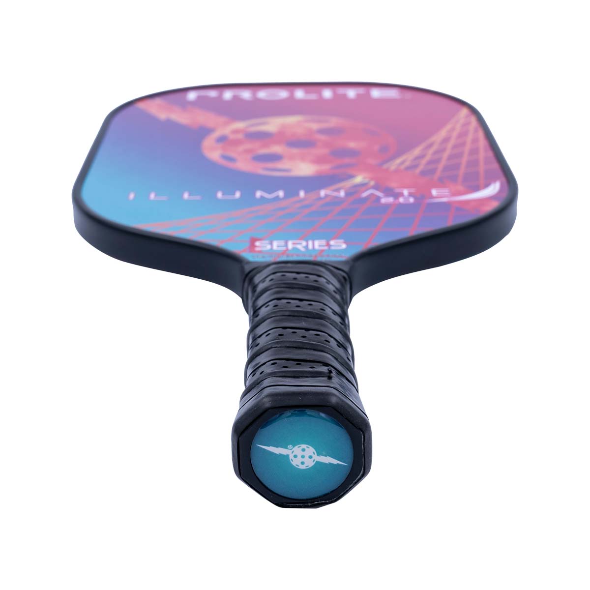 Top-down view of a multi-colored pickleball paddle with PROLITE ILLUMINATE 2.0 I SERIES text and a black grip.