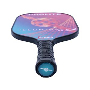 Top-down view of a multi-colored pickleball paddle with PROLITE ILLUMINATE 2.0 I SERIES text and a black grip.