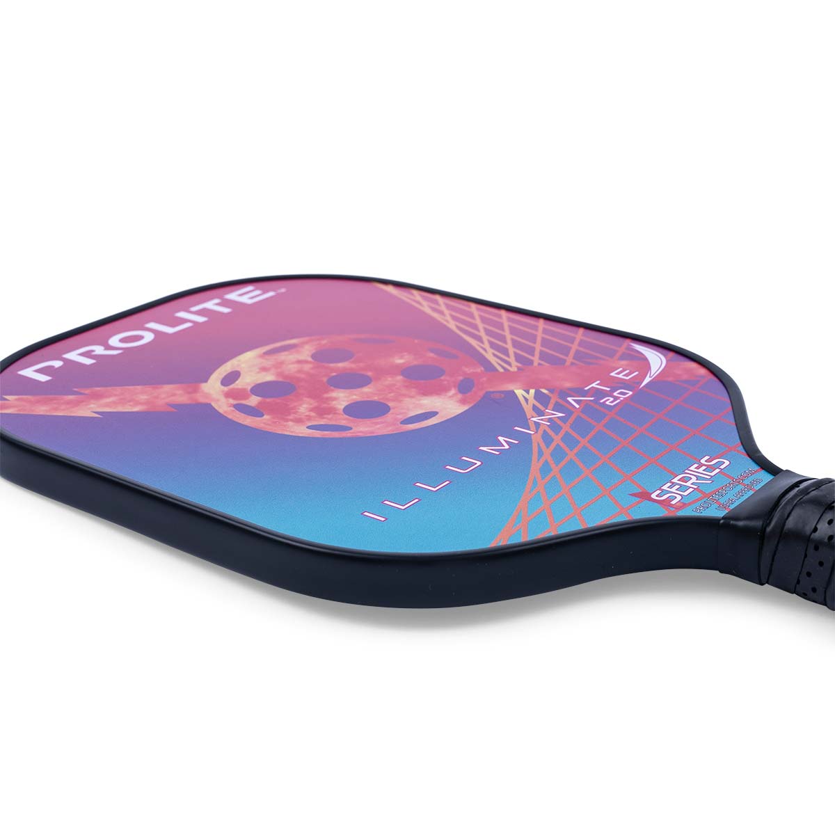 Side view of a PROLITE Illuminate 2.0 pickleball paddle with a gradient design and textured grip.