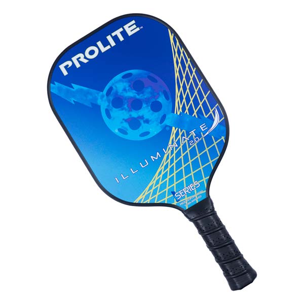 Top-down view of a blue pickleball paddle with PROLITE and ILLUMINATE 2.0 SERIES text, and a graphic of a pickleball.