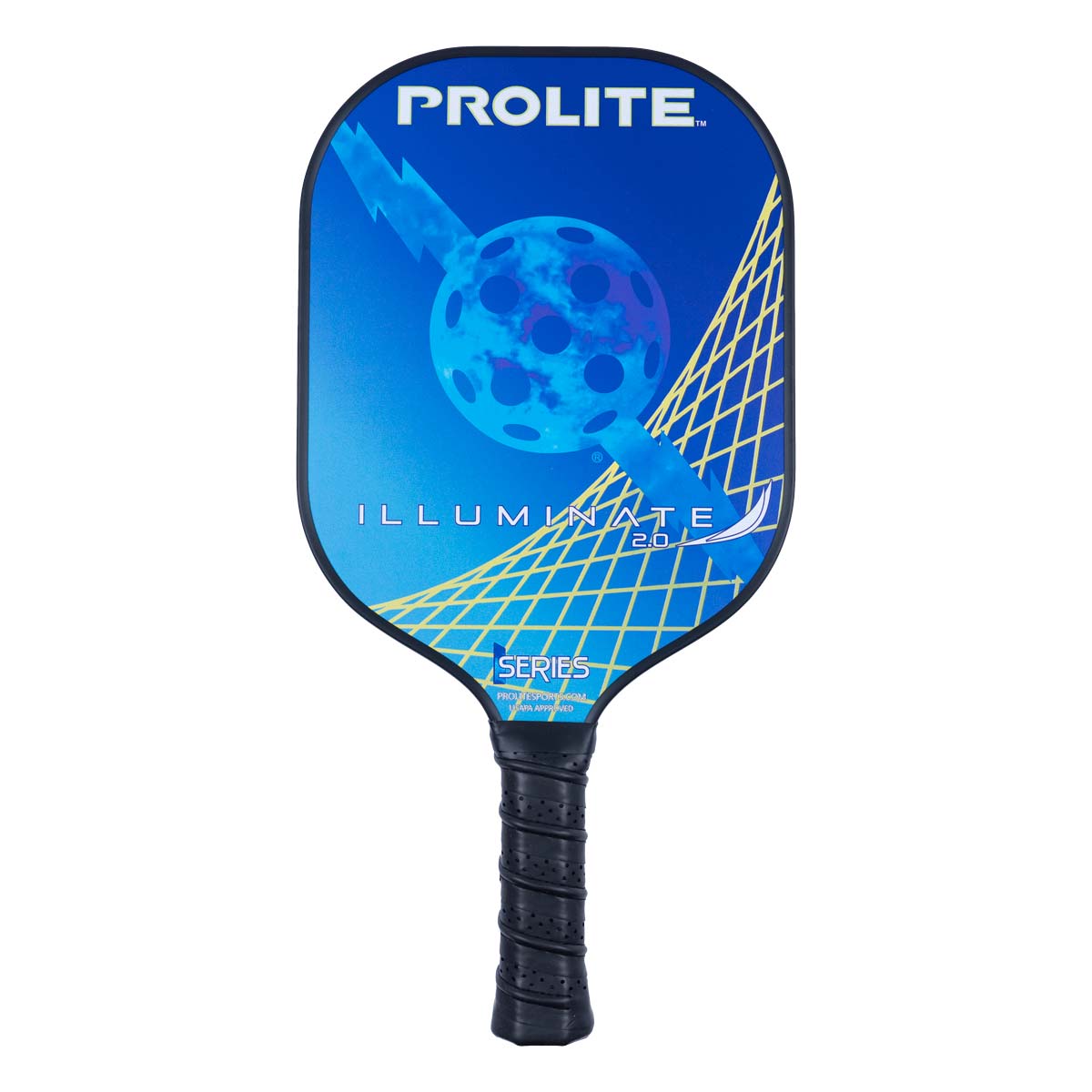 Front view of a blue PROLITE pickleball paddle with ILLUMINATE 2.0 text and a lightning bolt graphic.