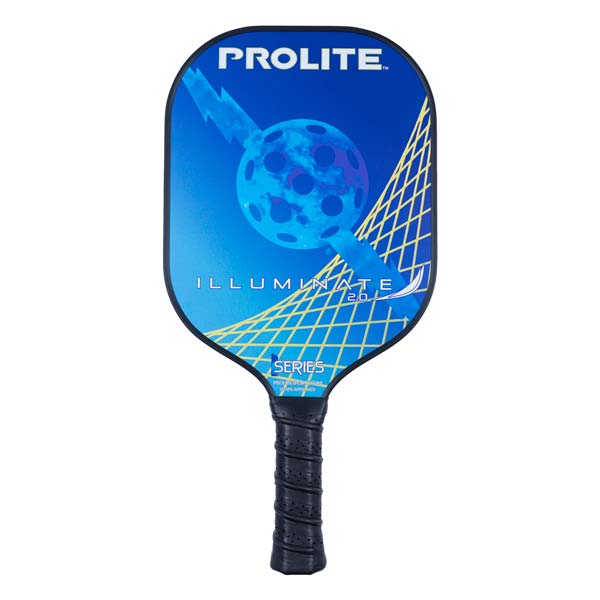 Front view of a blue PROLITE pickleball paddle with ILLUMINATE 2.0 text and a lightning bolt graphic.