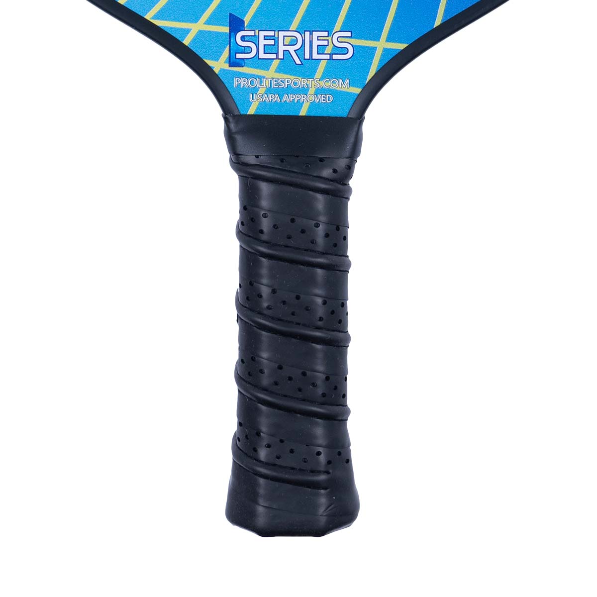 Close-up of a black pickleball paddle grip with perforated texture and SERIES text above.