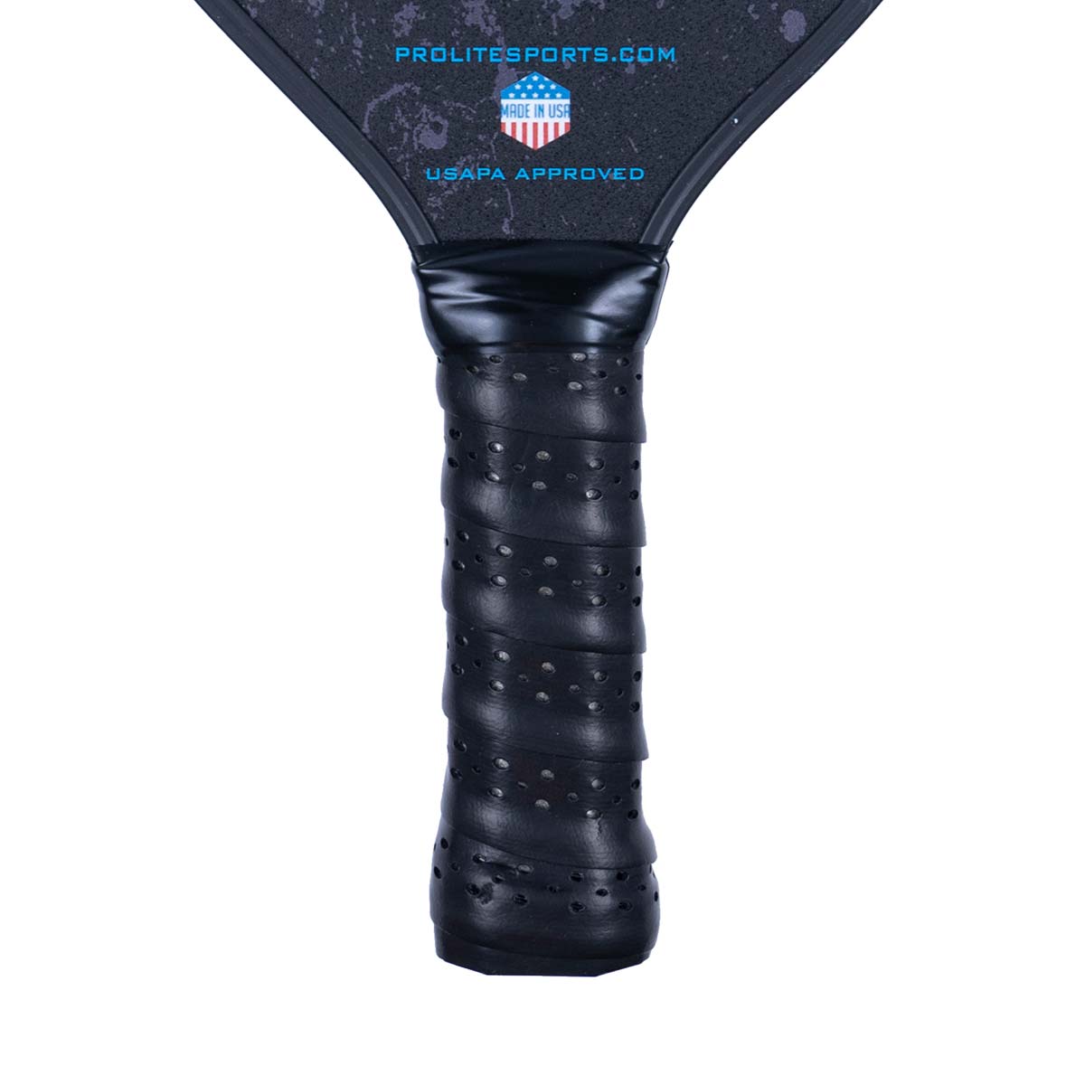 Close-up of a black pickleball paddle grip with perforations and PROLITESPORTS.COM text above.
