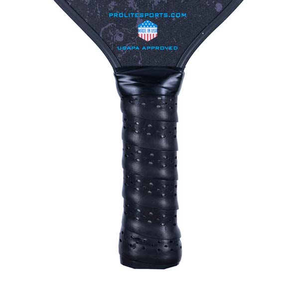 Close-up of a black pickleball paddle grip with perforations and PROLITESPORTS.COM text above.