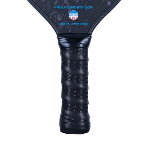 Close-up of a black pickleball paddle grip with perforations and PROLITESPORTS.COM text above.