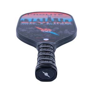 Top-down view of a black PROLITE pickleball paddle with a skyline graphic and perforated grip.