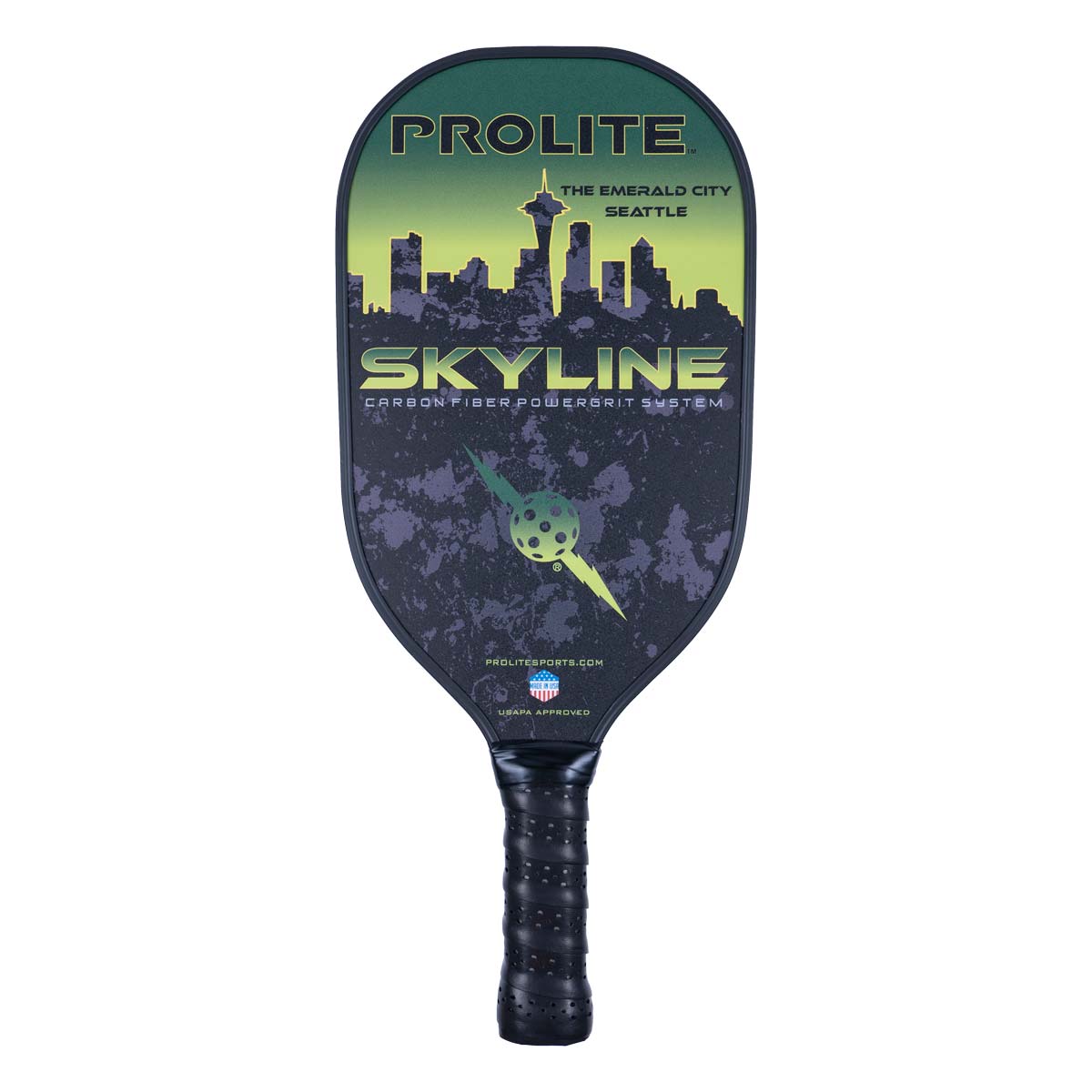 Front view of a black pickleball paddle with a Seattle skyline graphic, SKYLINE text, and a textured grip.