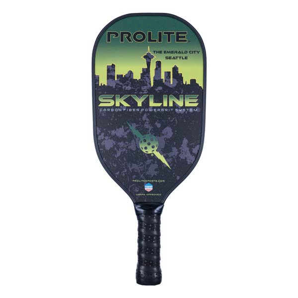 Front view of a black pickleball paddle with a Seattle skyline graphic, SKYLINE text, and a textured grip.
