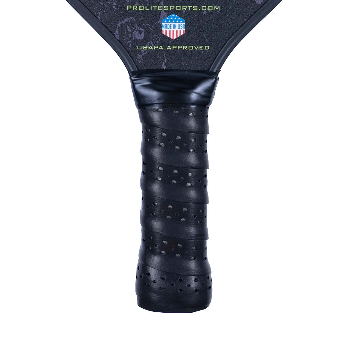 Close-up of a black pickleball paddle grip with perforations and USAPA APPROVED text.