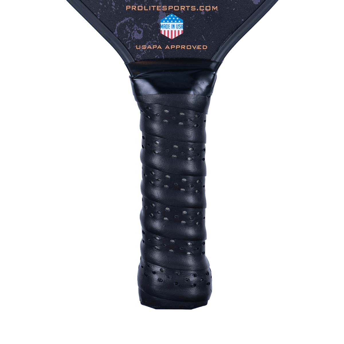 Close-up of a black pickleball paddle grip with perforations and USAPA APPROVED text.