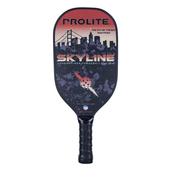 Front view of a black PROLITE Skyline pickleball paddle with a San Francisco skyline graphic and a pickleball logo.