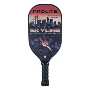 Front view of a black PROLITE Skyline pickleball paddle with a San Francisco skyline graphic and a pickleball logo.