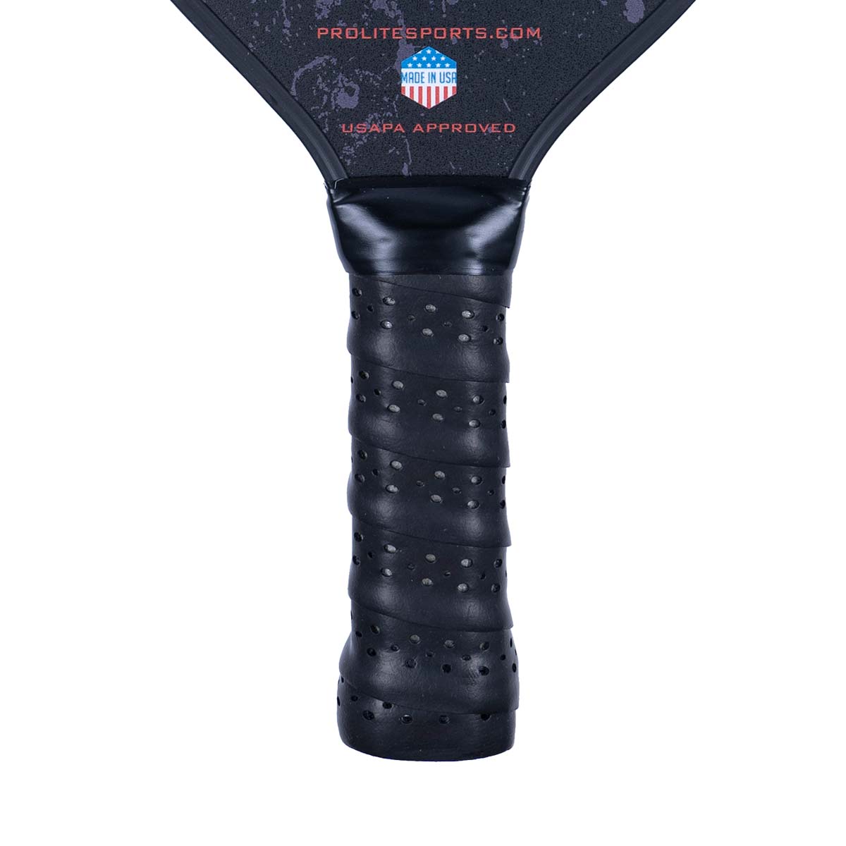 Close-up of a black pickleball paddle grip with perforations and PROLITESPORTS.COM text.