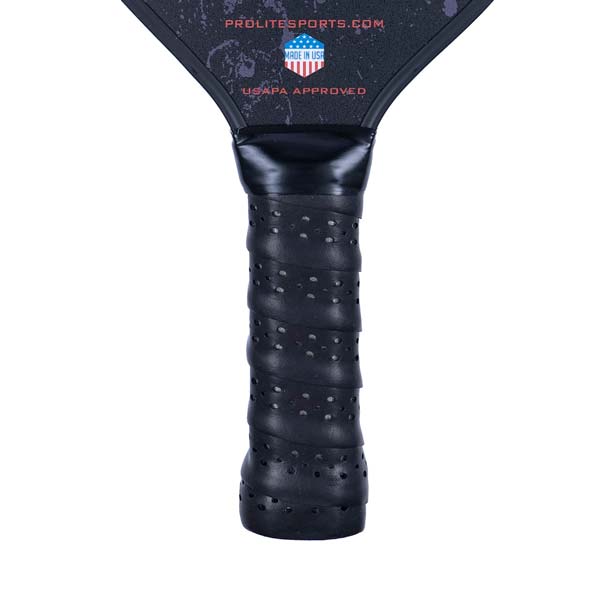 Close-up of a black pickleball paddle grip with perforations and PROLITESPORTS.COM text.