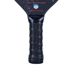 Close-up of a black pickleball paddle grip with perforations and PROLITESPORTS.COM text.