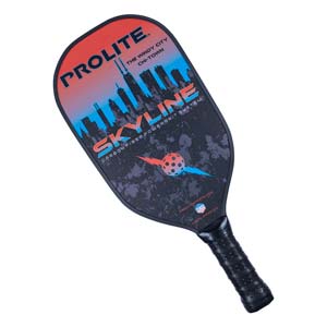 Top-down view of a black pickleball paddle with a skyline graphic and PROLITE SKYLINE text.
