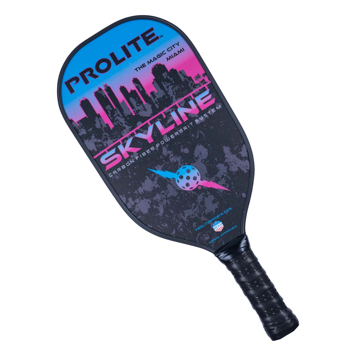 Top-down view of a black pickleball paddle with a Miami skyline graphic, SKYLINE text, and a pickleball graphic.