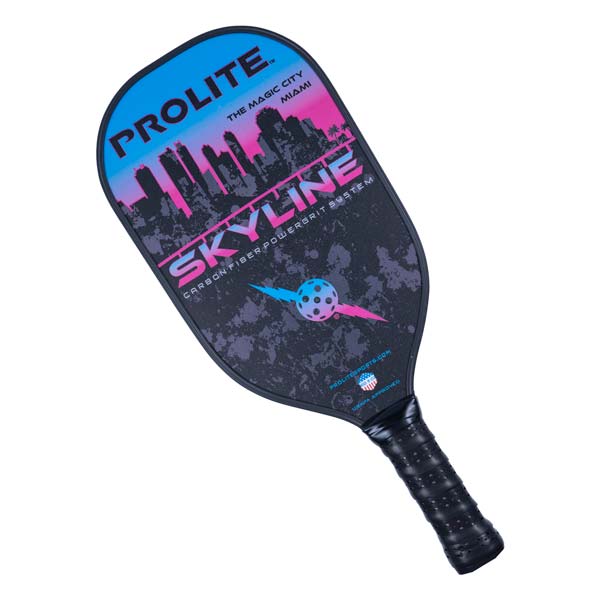 Top-down view of a black pickleball paddle with a Miami skyline graphic, SKYLINE text, and a pickleball graphic.