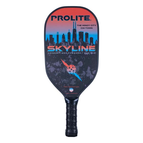 Front view of a black pickleball paddle with a skyline graphic, SKYLINE text, and a textured grip.