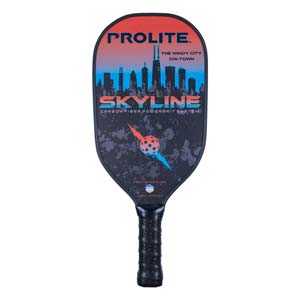 Front view of a black pickleball paddle with a skyline graphic, SKYLINE text, and a textured grip.