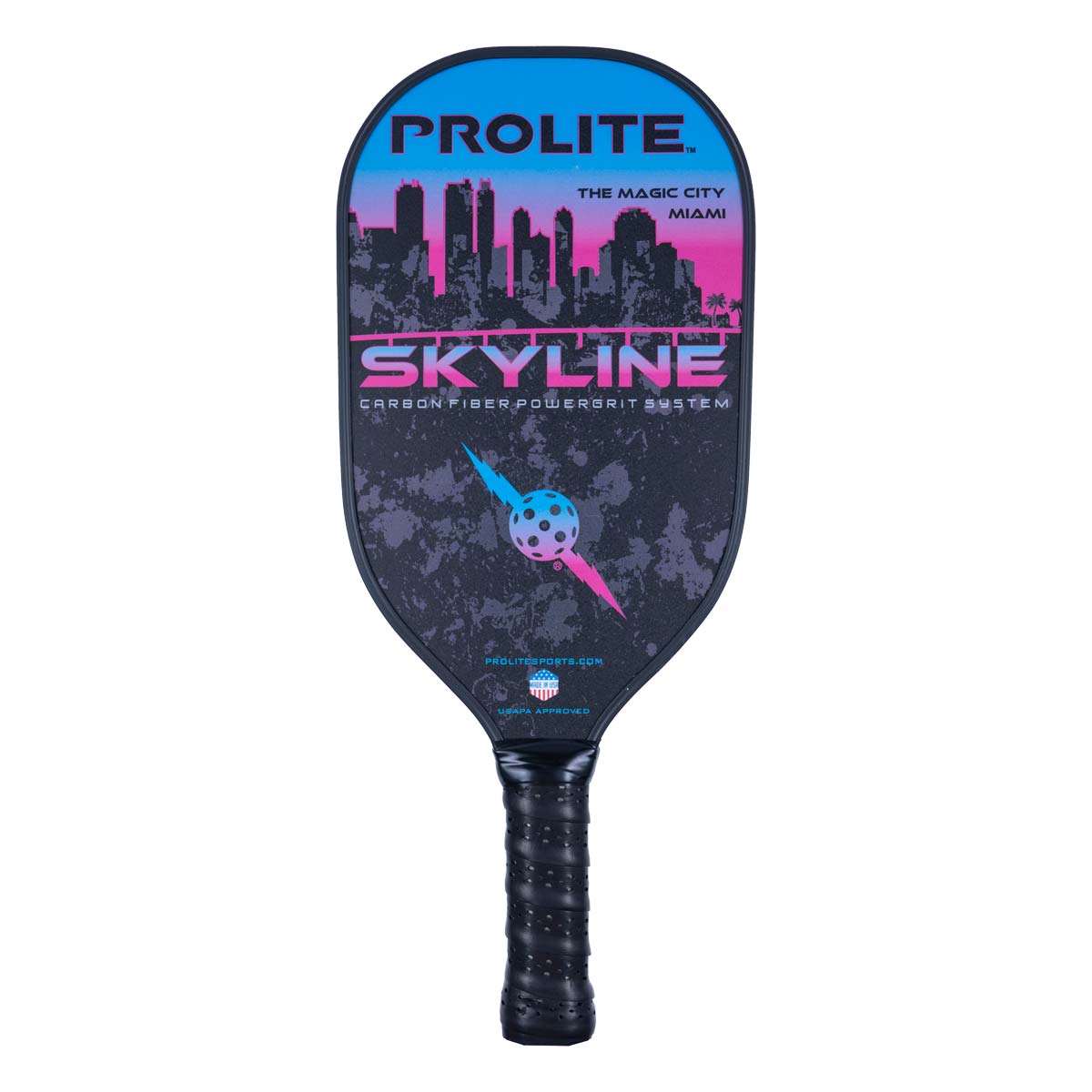 Front view of a black PROLITE pickleball paddle with a Miami skyline graphic and SKYLINE text.