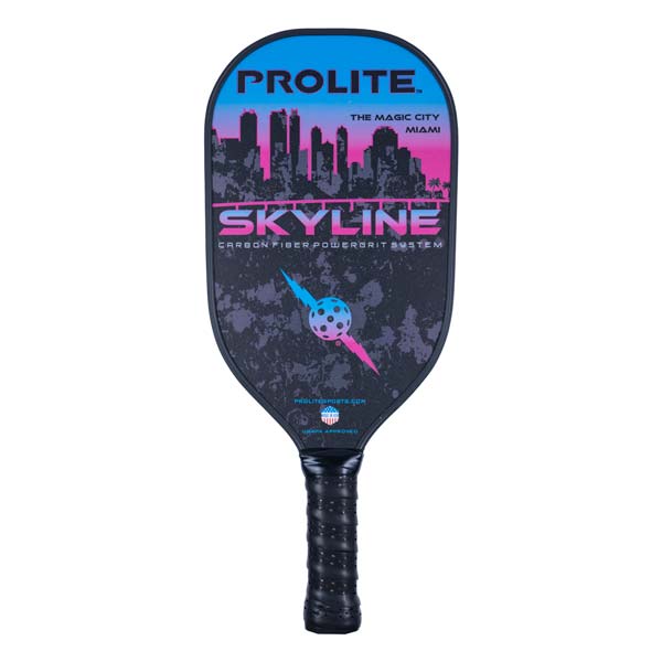 Front view of a black PROLITE pickleball paddle with a Miami skyline graphic and SKYLINE text.