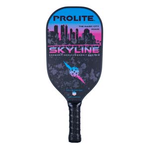 Front view of a black PROLITE pickleball paddle with a Miami skyline graphic and SKYLINE text.