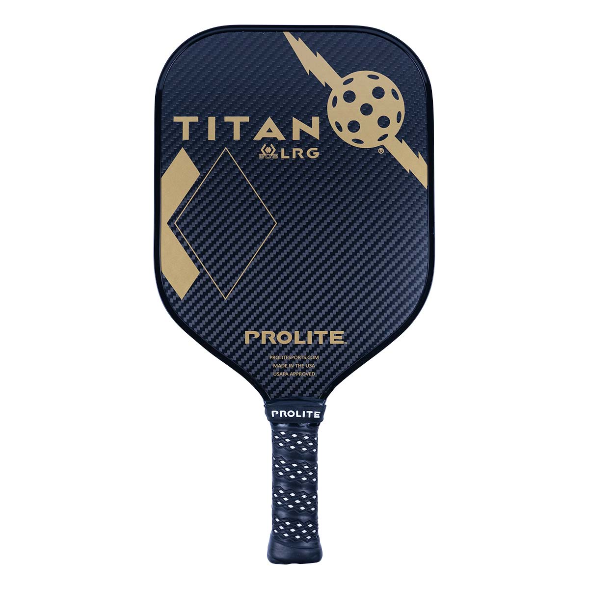 Front view of a black pickleball paddle with gold TITAN LRG text, a pickleball graphic, and PROLITE branding.
