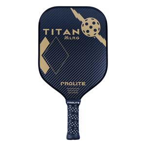 Front view of a black pickleball paddle with gold TITAN LRG text, a pickleball graphic, and PROLITE branding.