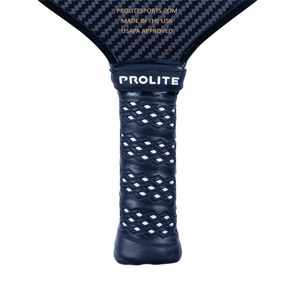 Close-up of a black pickleball paddle grip with white diamond pattern and PROLITE branding.
