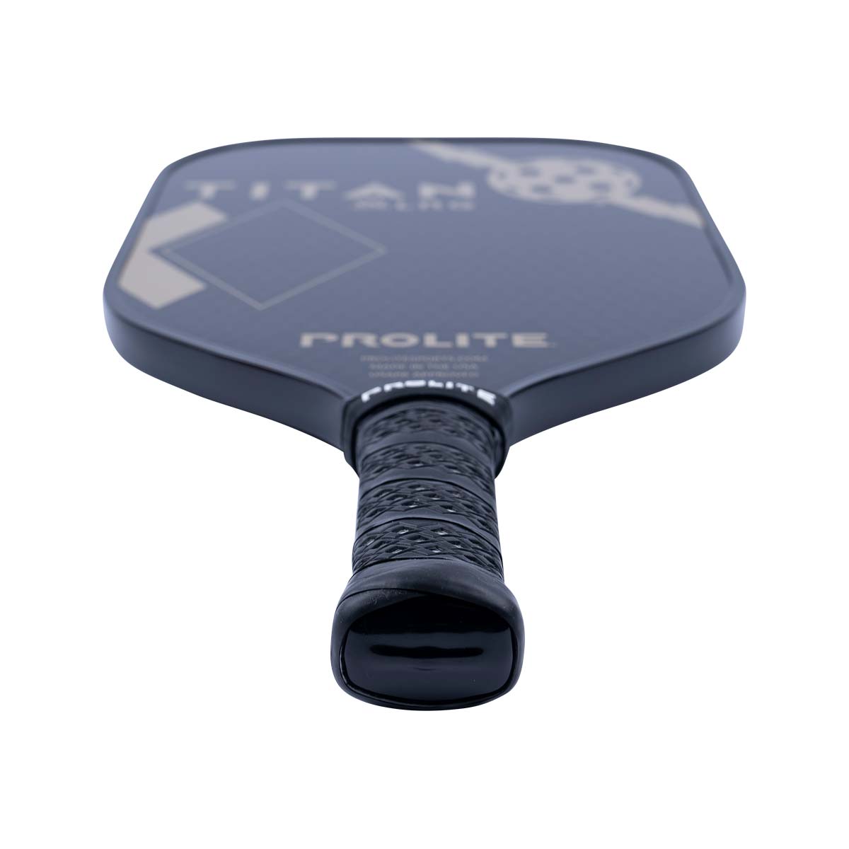 Top-down view of a black pickleball paddle with PROLITE text and a diamond graphic.