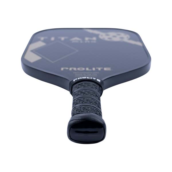 Top-down view of a black pickleball paddle with PROLITE text and a diamond graphic.