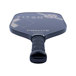 Top-down view of a black pickleball paddle with PROLITE text and a diamond graphic.