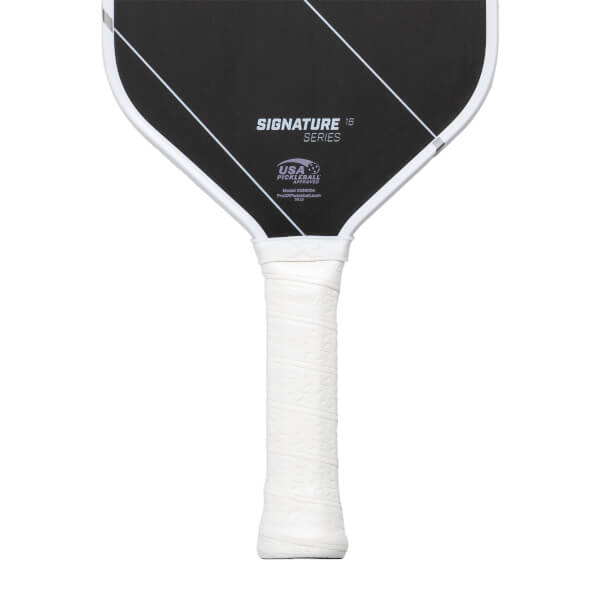 Partial front view of a black pickleball paddle with white diagonal lines, SIGNATURE SERIES text, and a white wrapped handle.