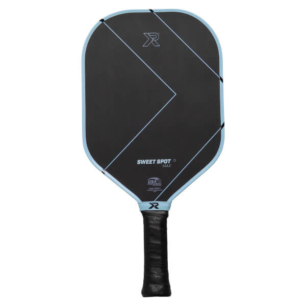 Front view of a black pickleball paddle with light blue edge, diagonal lines, and SWEET SPOT MAX and R logos.