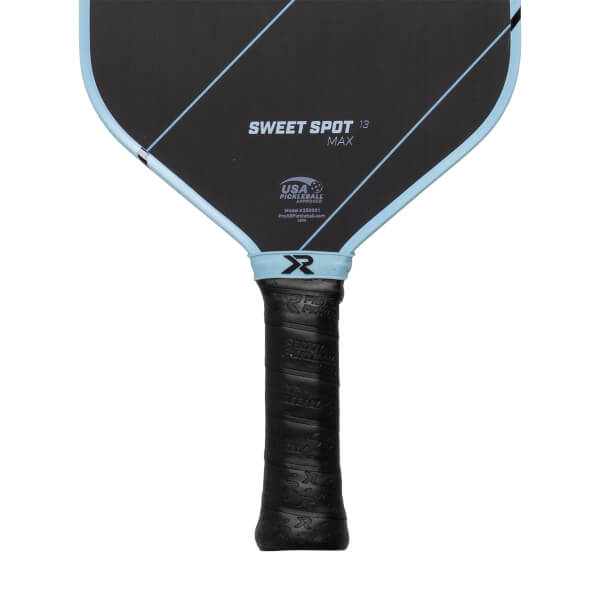 Front view of a black pickleball paddle with light blue trim, SWEET SPOT 13 MAX text, and a black textured grip.